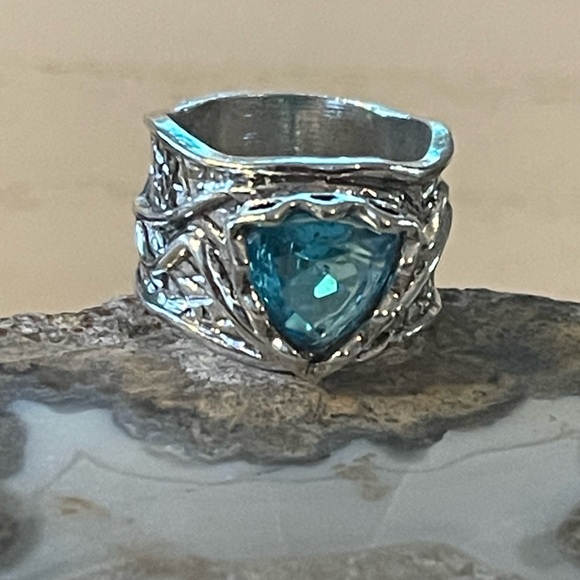 Boho Blue Gemstone Zirconia Wide Vintage Inspired, Silver Plated Fairy, Ring - Picture 2 of 12